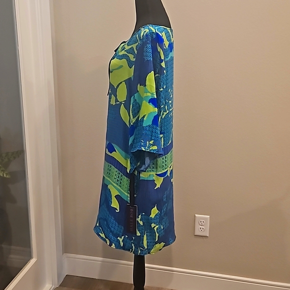 NWT Hale Bob | Blue & Green Print Silk Mid Length Dress with sleeves | La… - Picture 6 of 11